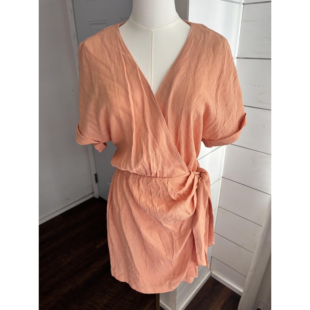 Mon Renn Solstice Mini Dress Womens Large Orange Wrap Textured Short Sleeve